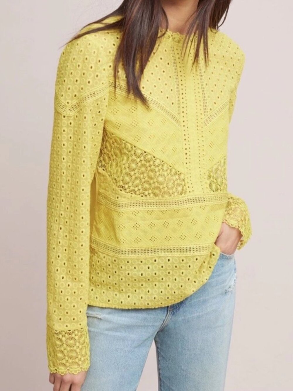 James Coviello Anthropologie Burnham Boho Lace Long Sleeve Top Size Small
